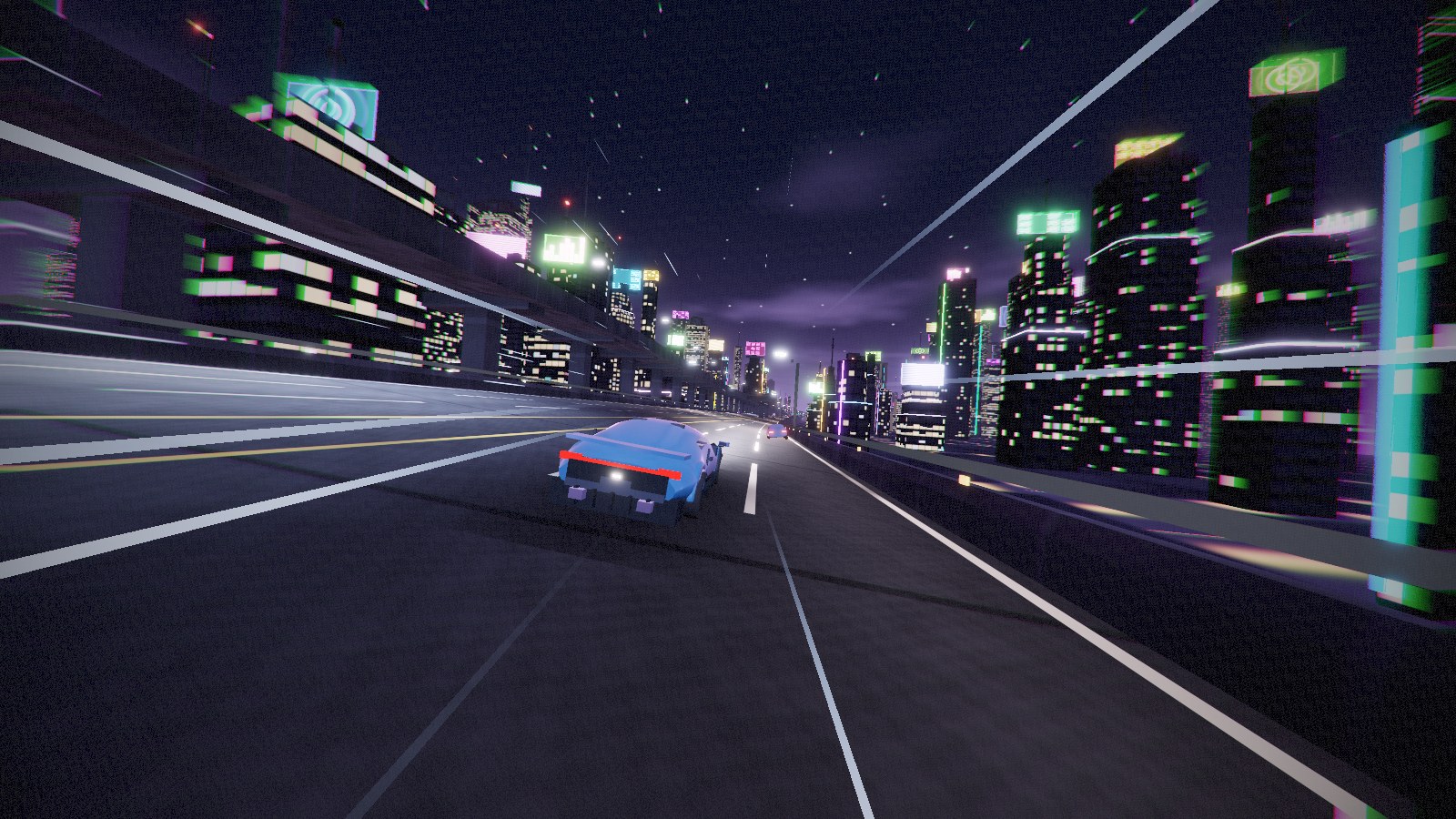 A sports car on a neon-lit elevated highway at night, skyscrapers on both sides
