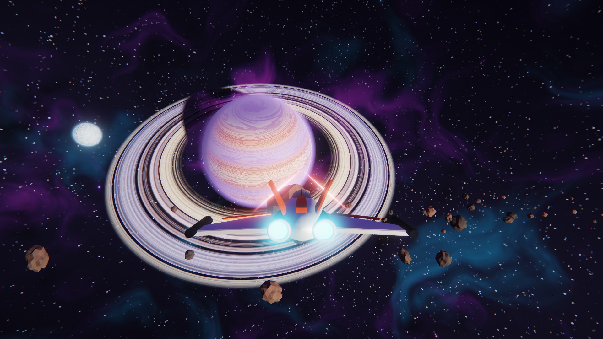A starfighter flying toward a banded violet gas giant with wide rings, a frozen moon and asteroids nearby